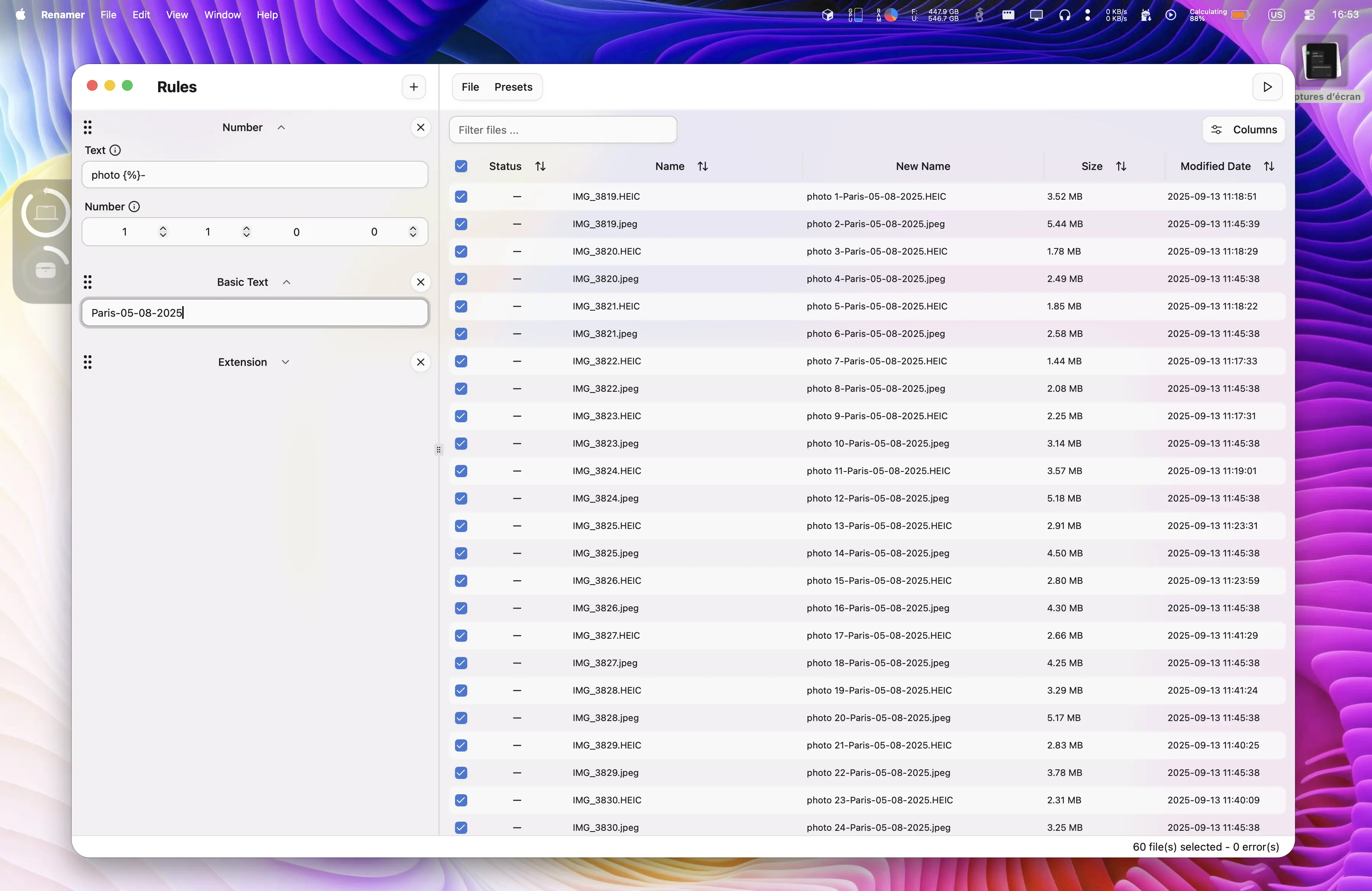 Renamer Pro app preview showing batch file renaming on macOS